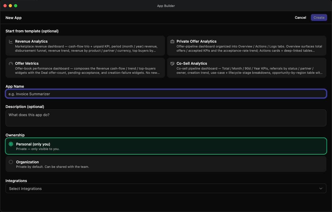 Creating a new Custom App — describing the outcome in the AI product interview, with the step progress across Describe, Confirm, Scope, Access and Review