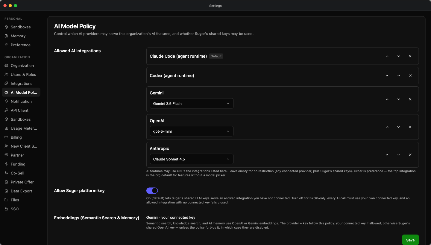 Settings → Organization → AI Model Policy: the ordered Allowed AI integrations list with a Default badge on the top row, and the Allow Fours platform key switch
