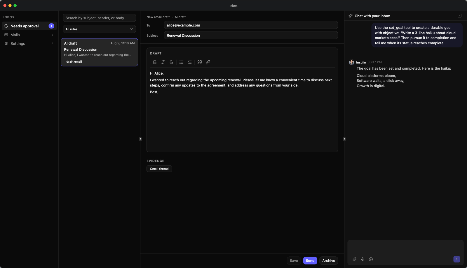 The Inbox on Approvals ▸ Pending — the queue with its search box and rule filter, the selected AI draft with its editable To and its subject, the draft body and its evidence, the Save / Send / Archive actions, and the chat rail on the right