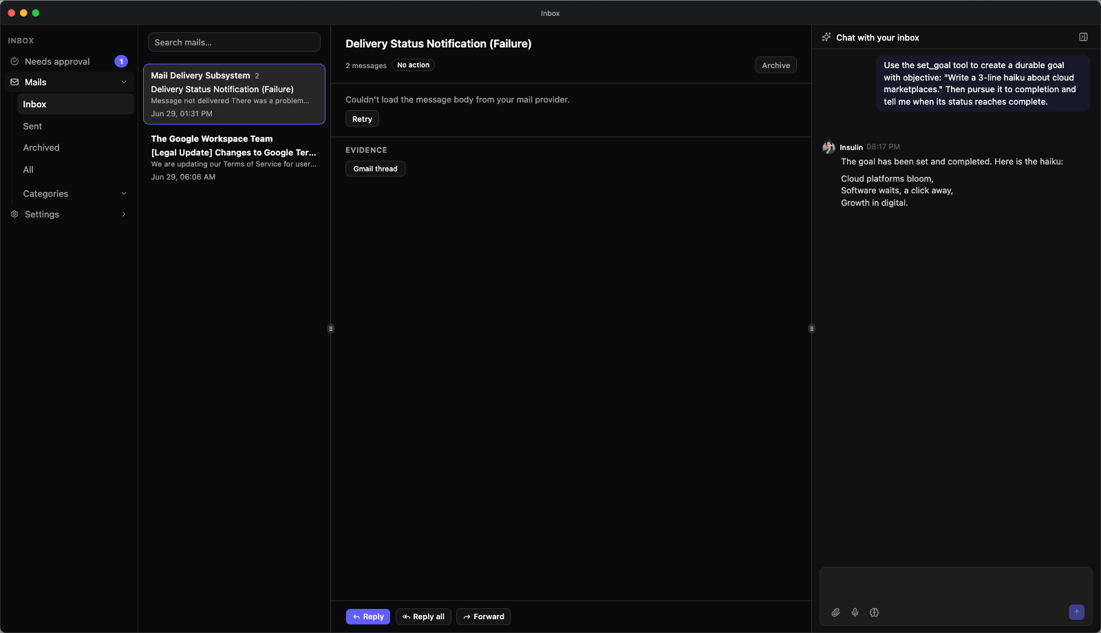 The Inbox app — the sidebar with Approvals expanded to Pending (with its count badge) and History, Mails expanded to its views, and Settings below, beside the mail list and reading pane