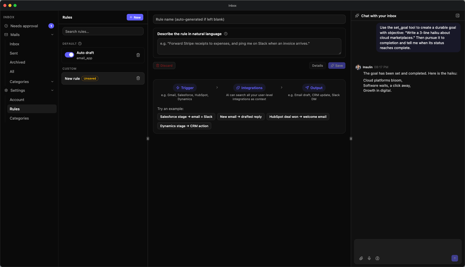 Inbox Settings → Rules with a new rule open — the rule list on the left with its enable switches, and on the right the rule name field, the "Describe the rule in natural language" box, the Discard / Details / Save row, and the starter-hint block showing the Trigger → Integrations → Output strip above six example chips