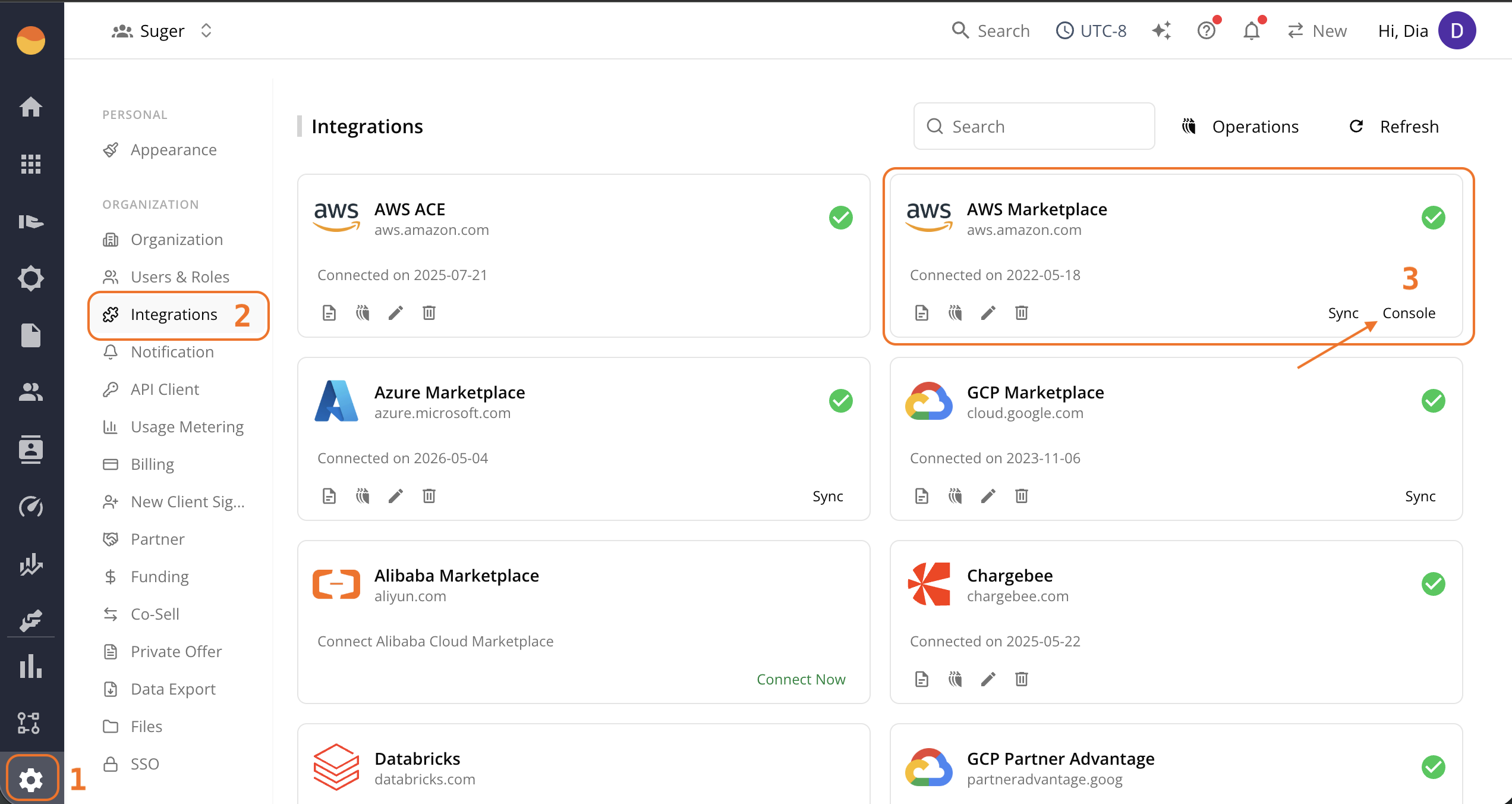 AWS Marketplace Console access in Fours Integrations