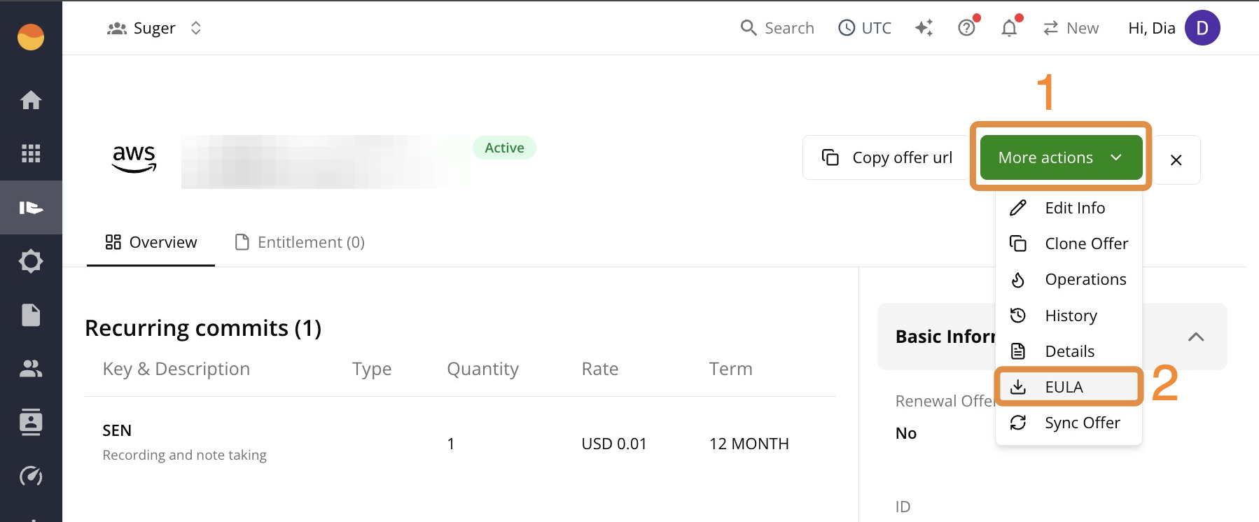 EULA action in the More actions menu of an offer in the Fours Console