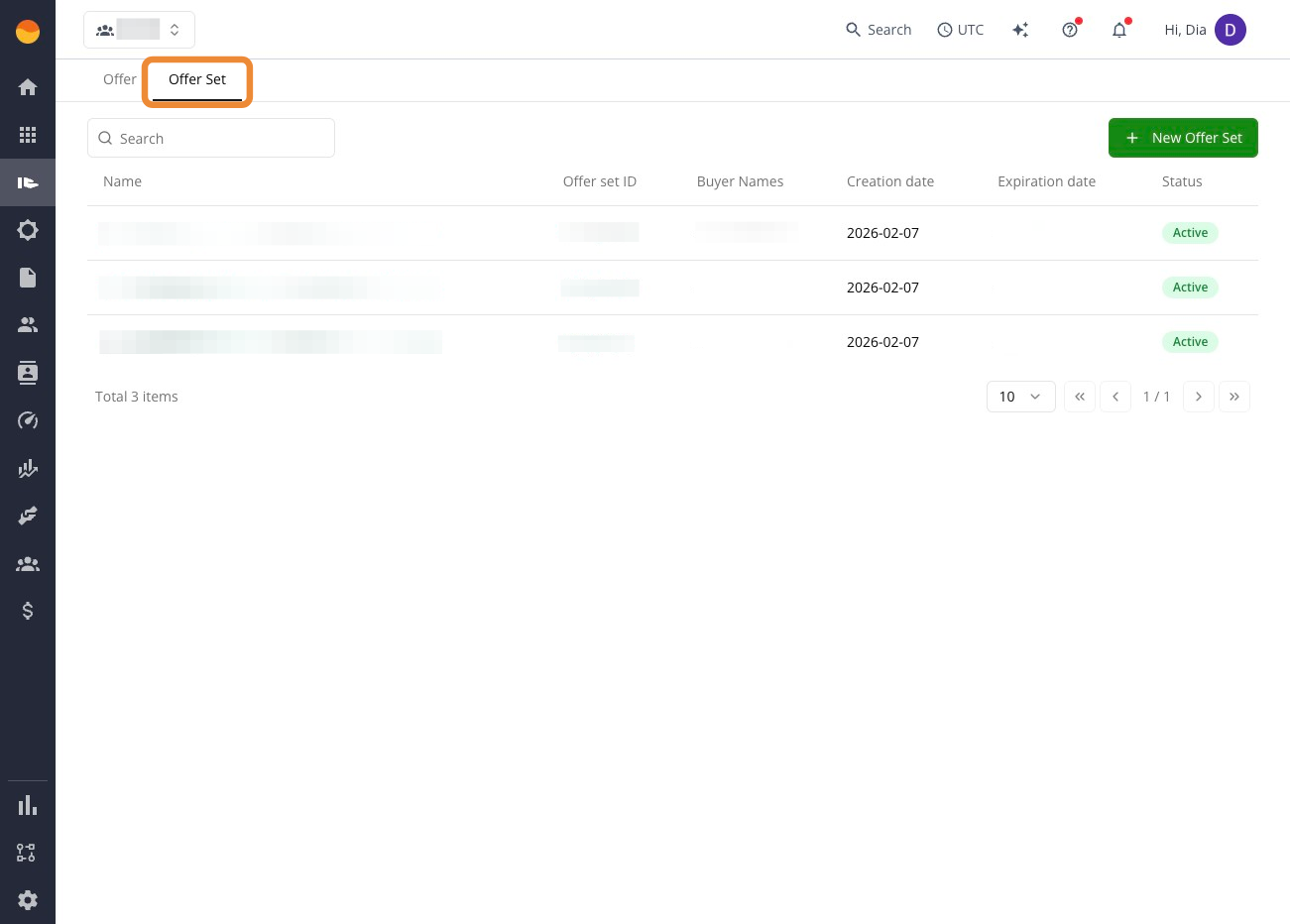 Offer Set tab in the Fours Console