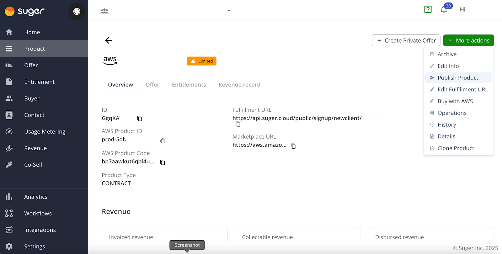 Publish Product action in the Fours Console listing More Actions menu