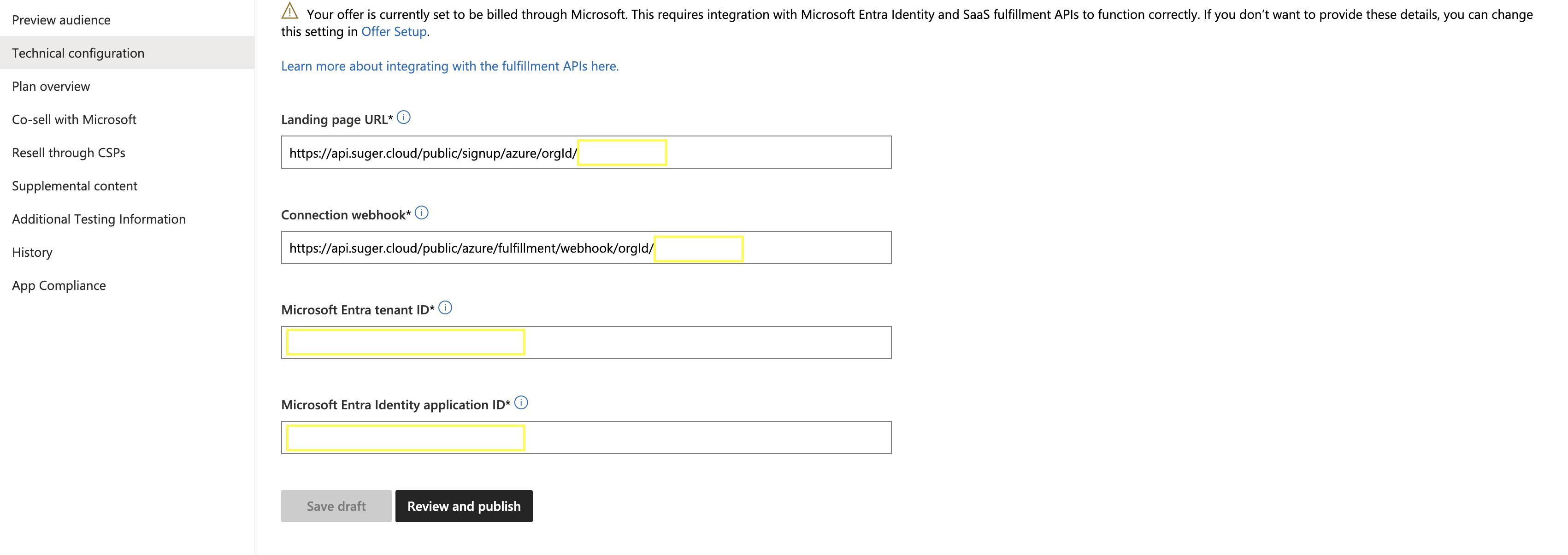 Product Technical Configuration with Fours landing page and webhook URLs