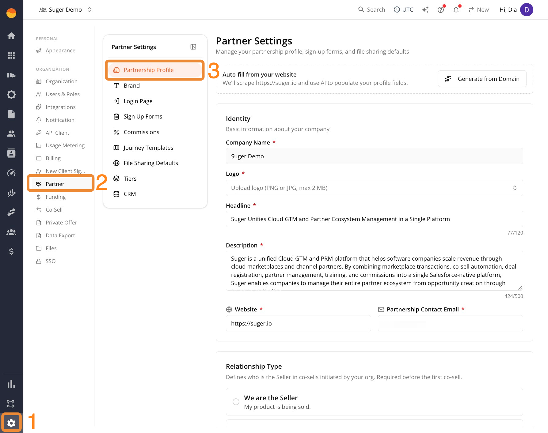 Partnership Profile settings under Settings > Partner in Fours Console