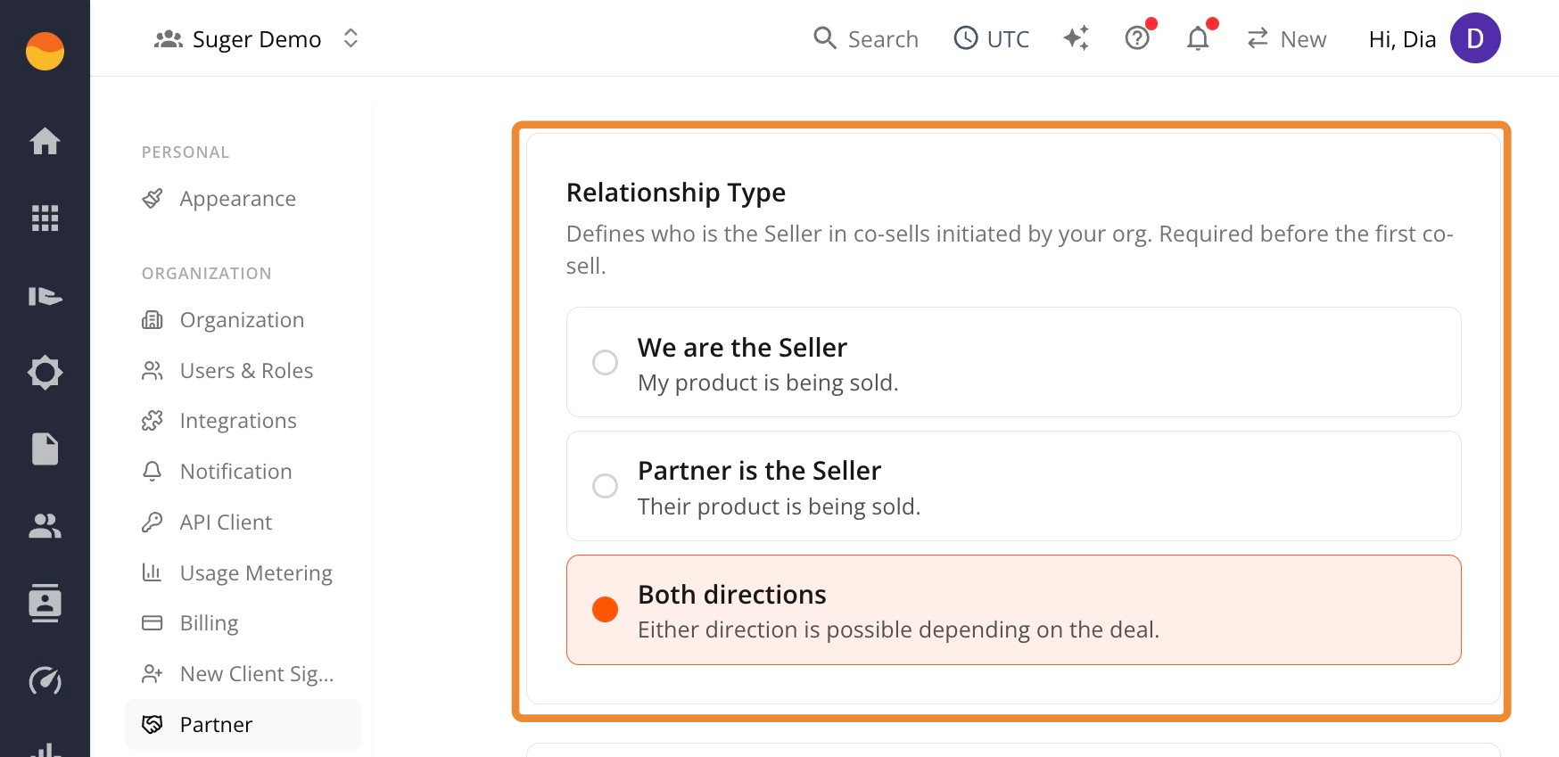 Relationship Type options for whose product is being sold