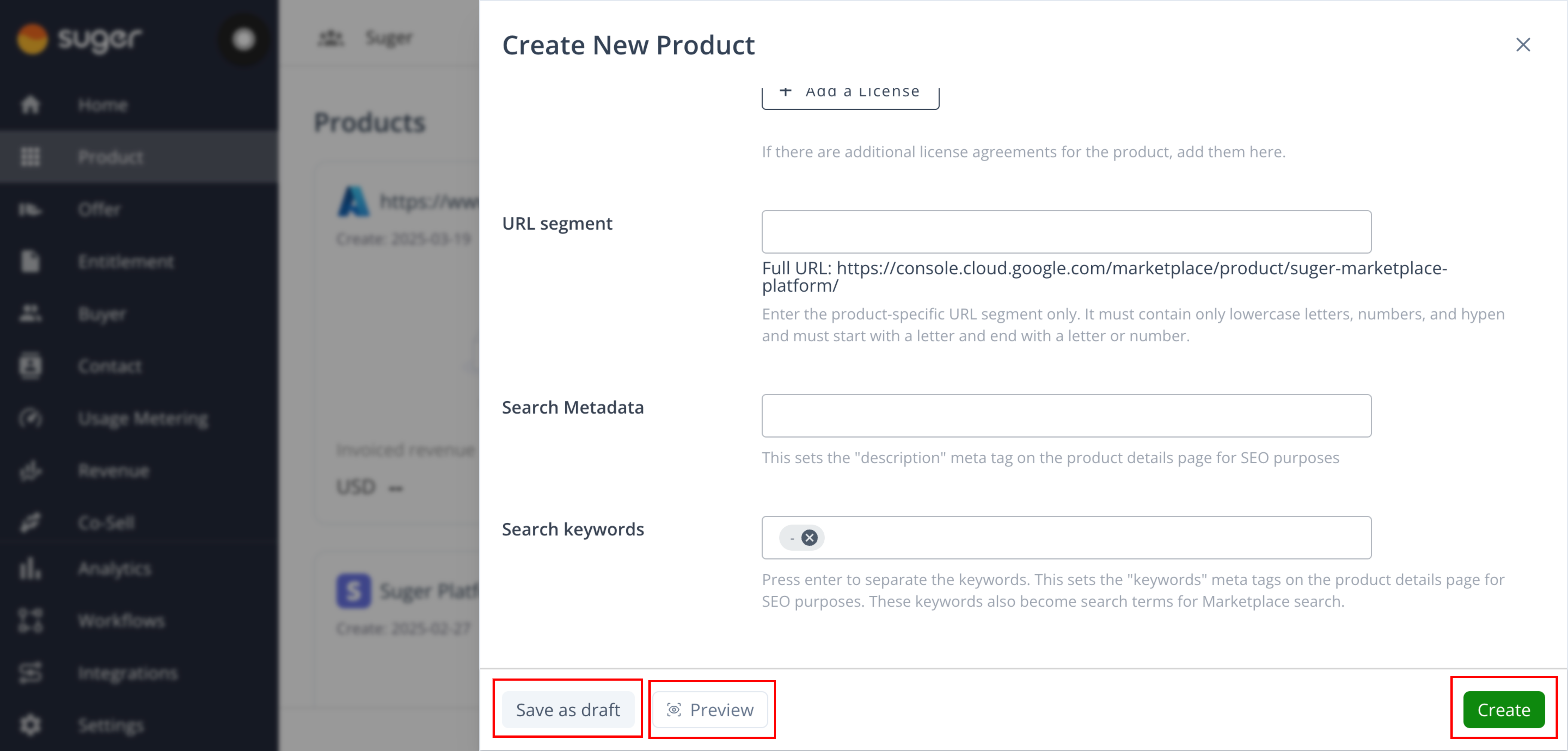 Product listing form in the Fours Console