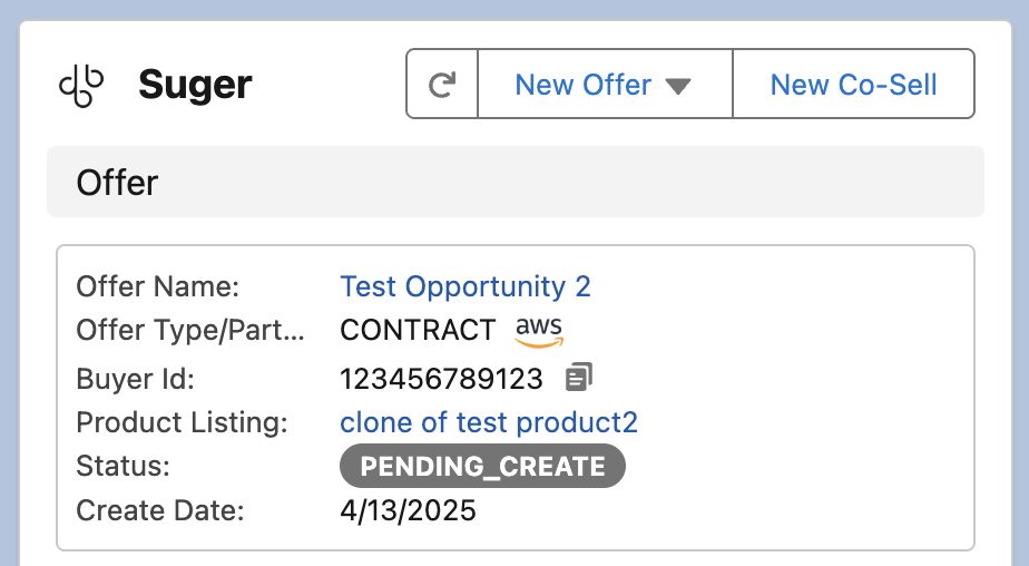 Fours widget showing a new offer in PENDING_CREATE status