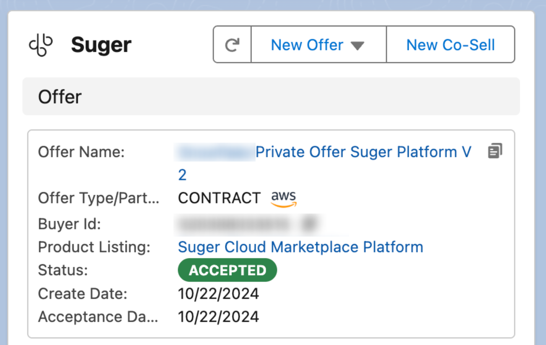 Fours widget showing an accepted offer linked to the Offer object
