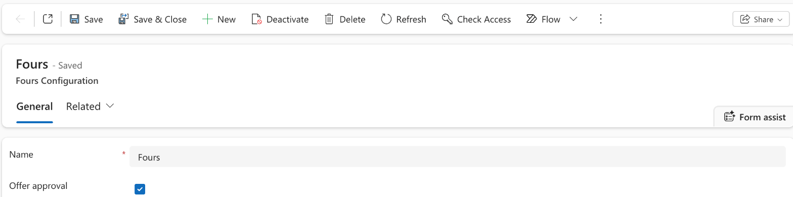 The form of the Fours Configuration row in Dynamics 365, with the Offer approval box ticked and the Save button on the command bar