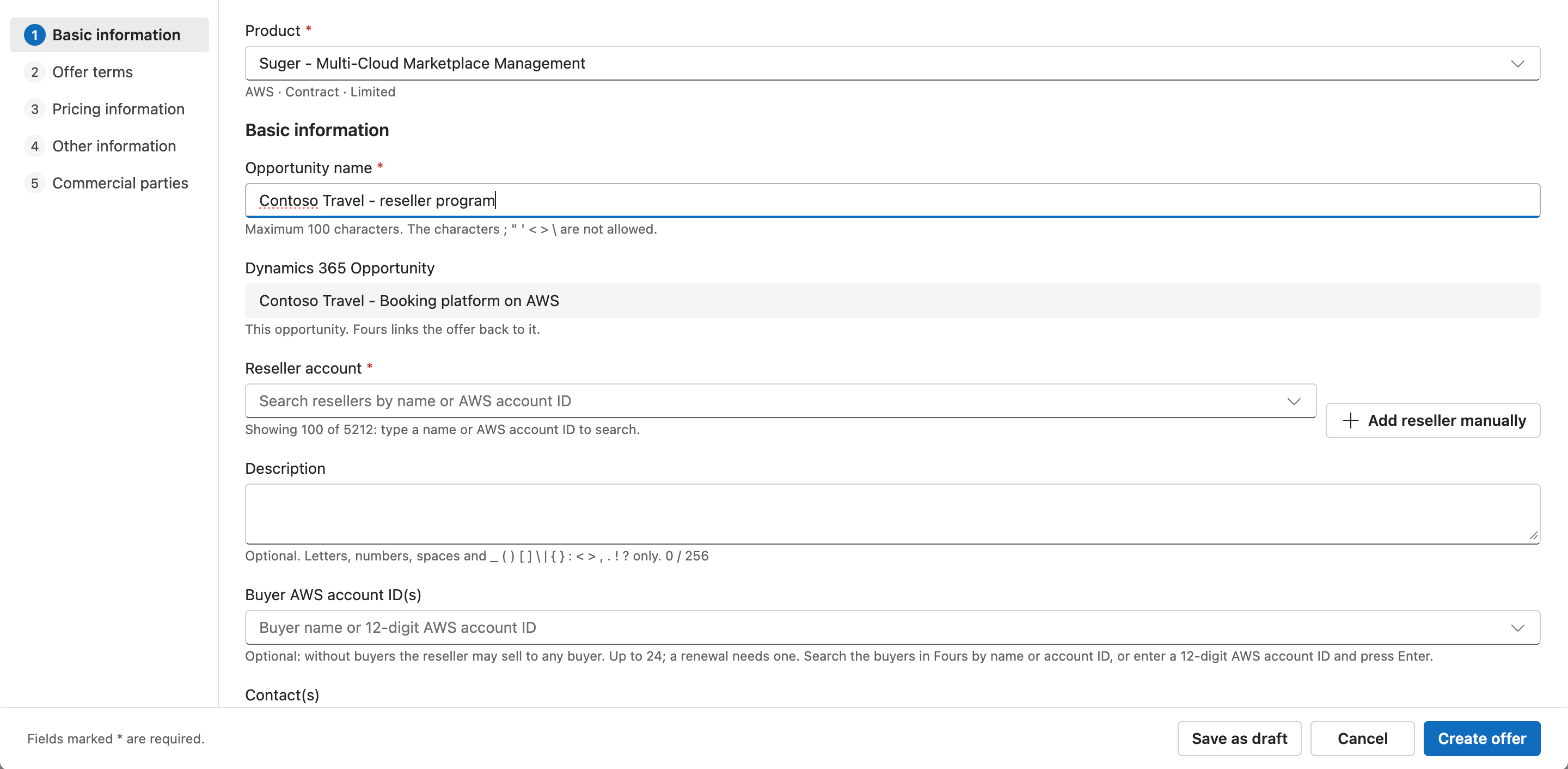 The New resale authorization form at Basic information, with the Opportunity name, Reseller account, Description and Buyer AWS account ID(s) fields and the Add reseller manually button