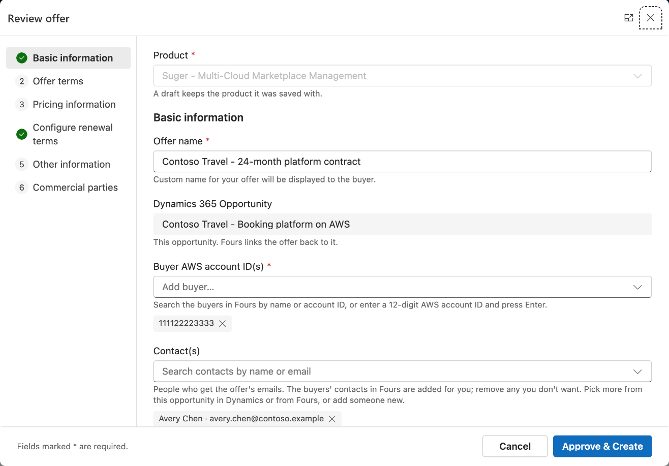 The Review offer dialog with the offer form, the product that you cannot change, and only the Cancel and Approve & Create buttons in the footer