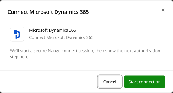 The Connect Microsoft Dynamics 365 dialog — Fours opens a secure connect session, then shows the Microsoft authorization step