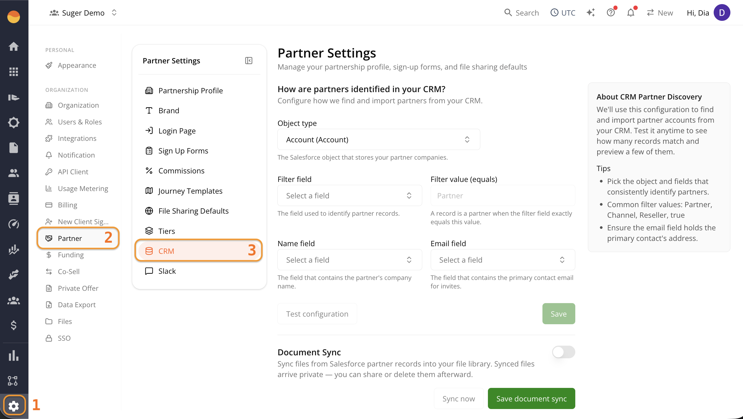 Partner CRM settings under Fours Console Settings