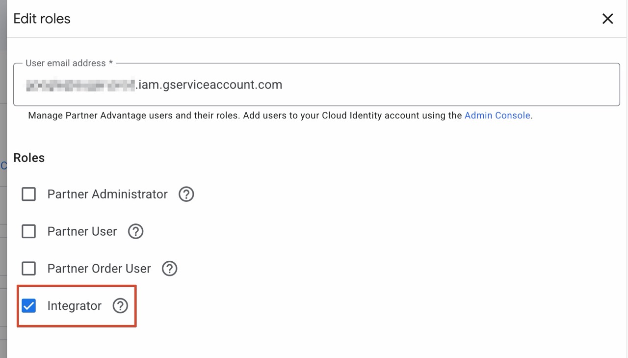 Add Fours' Google Service Account as an Integrator