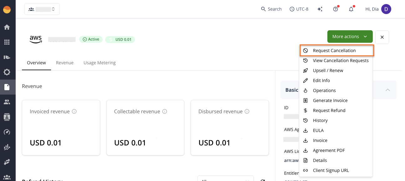 Requesting AWS entitlement cancellation in the Fours Console
