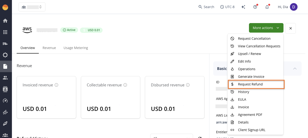 Requesting a refund for AWS in the Fours Console