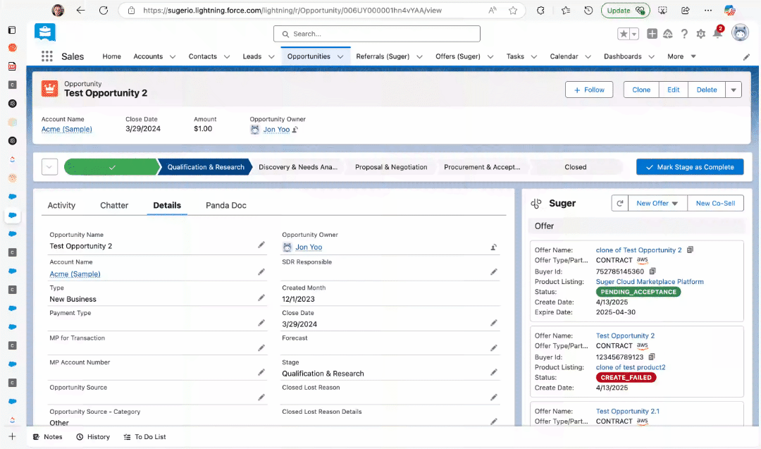 Canceling a private offer from the Fours Widget in Salesforce