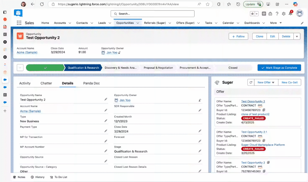 Cloning a private offer from the Fours widget in Salesforce