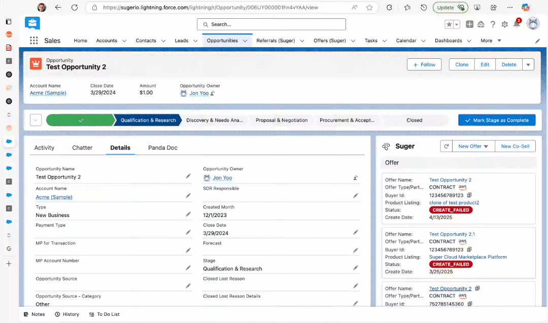 Extending a private offer from the Fours Widget in Salesforce