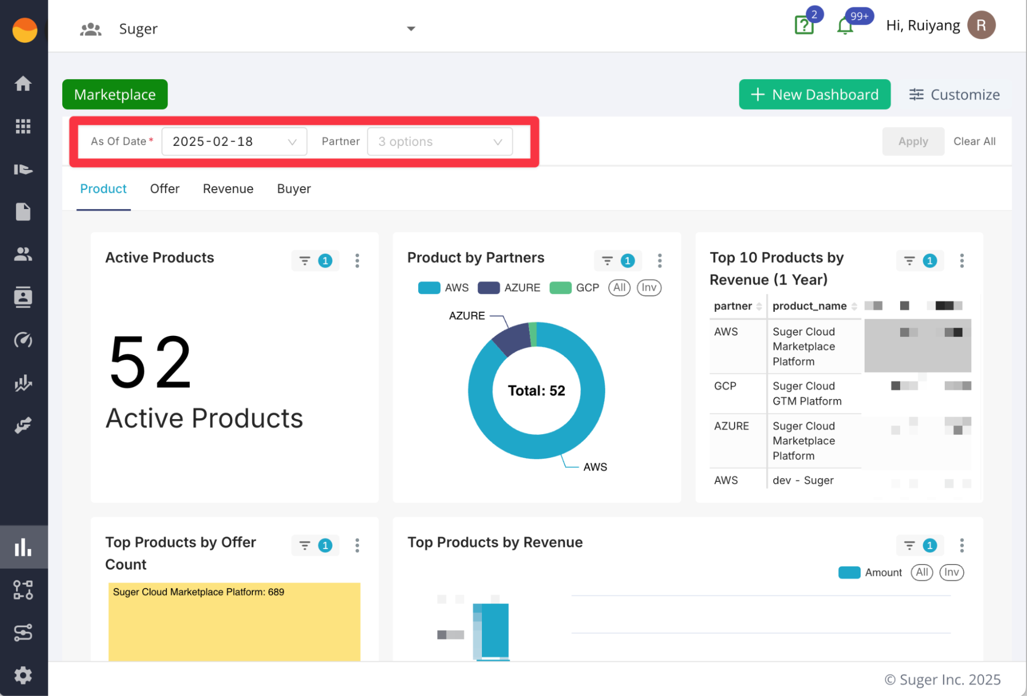 Dashboard with the static filter bar highlighted at the top, showing "As Of Date" and "Partner" filters above the Product, Offer, Revenue, and Buyer charts