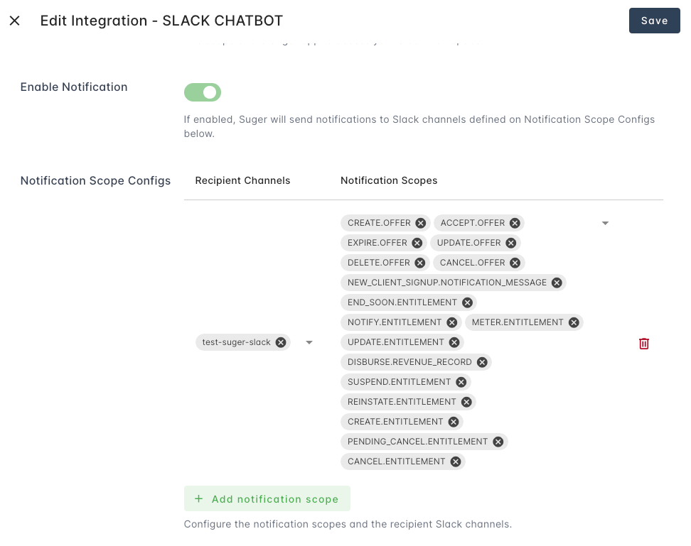 Slack notification configuration in the Fours Console