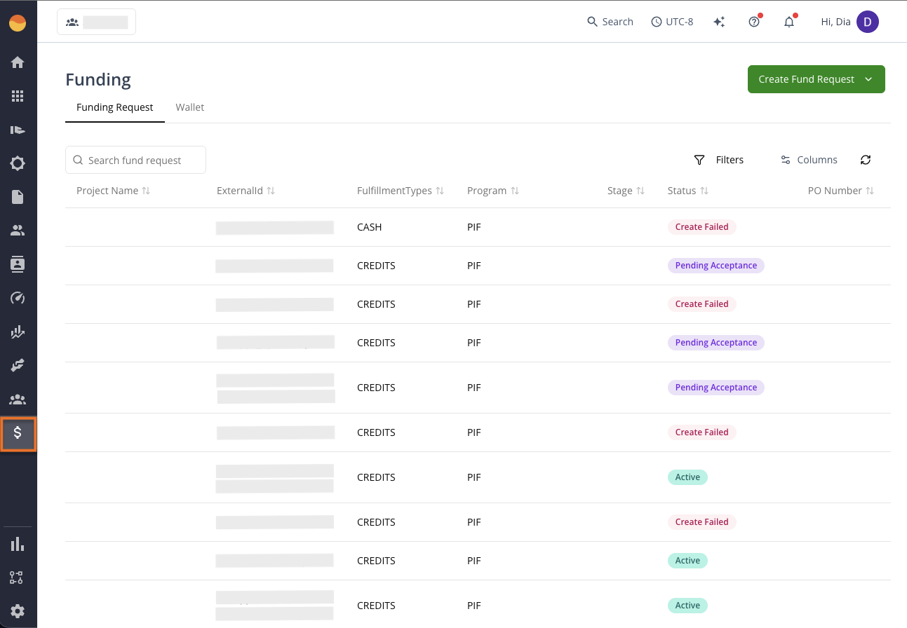 Funding page in the Fours Console