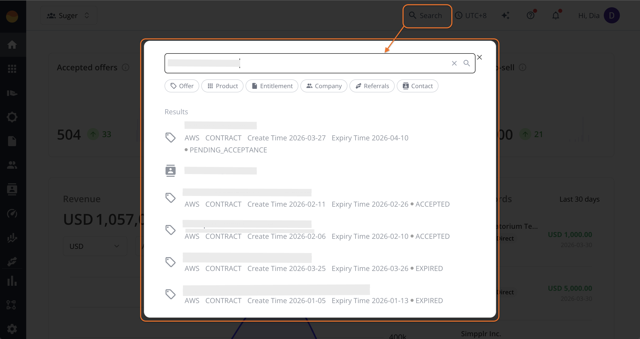 Global search in the top bar menu in the Fours Console