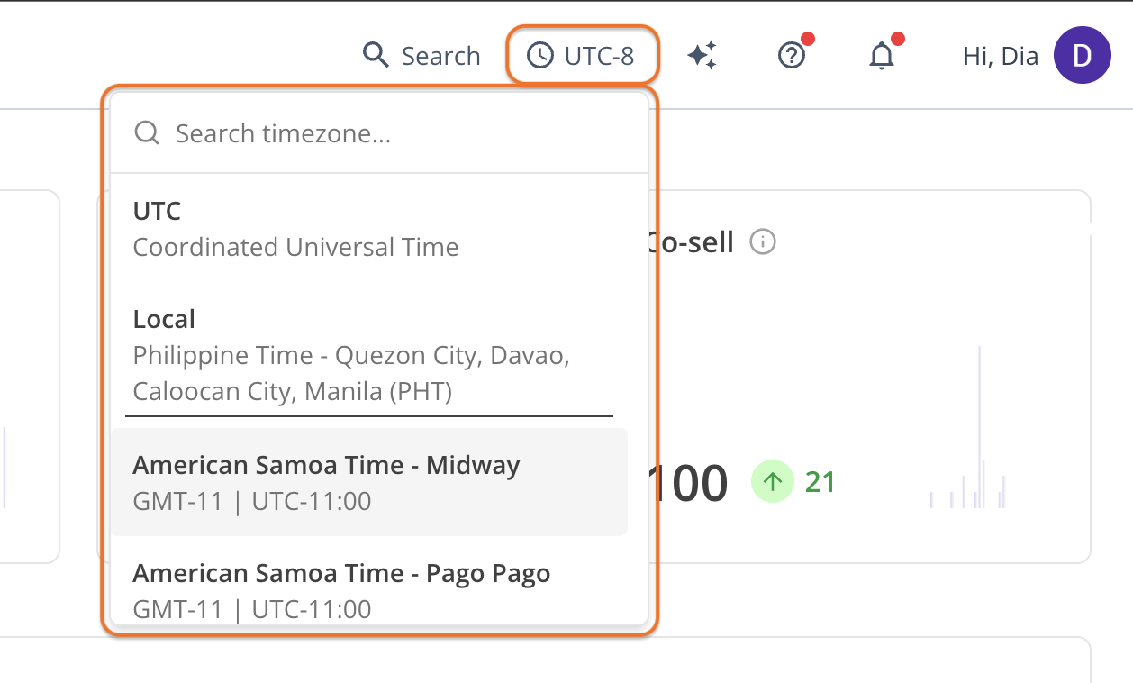Timezone selector in the Fours Console