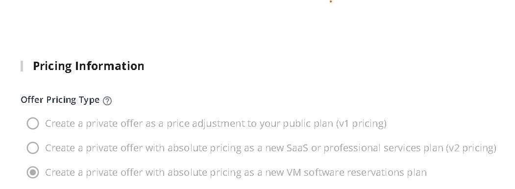 The Pricing Information section for a VM product, offering the single supported method — absolute pricing as a new VM software reservations plan (V3 pricing)