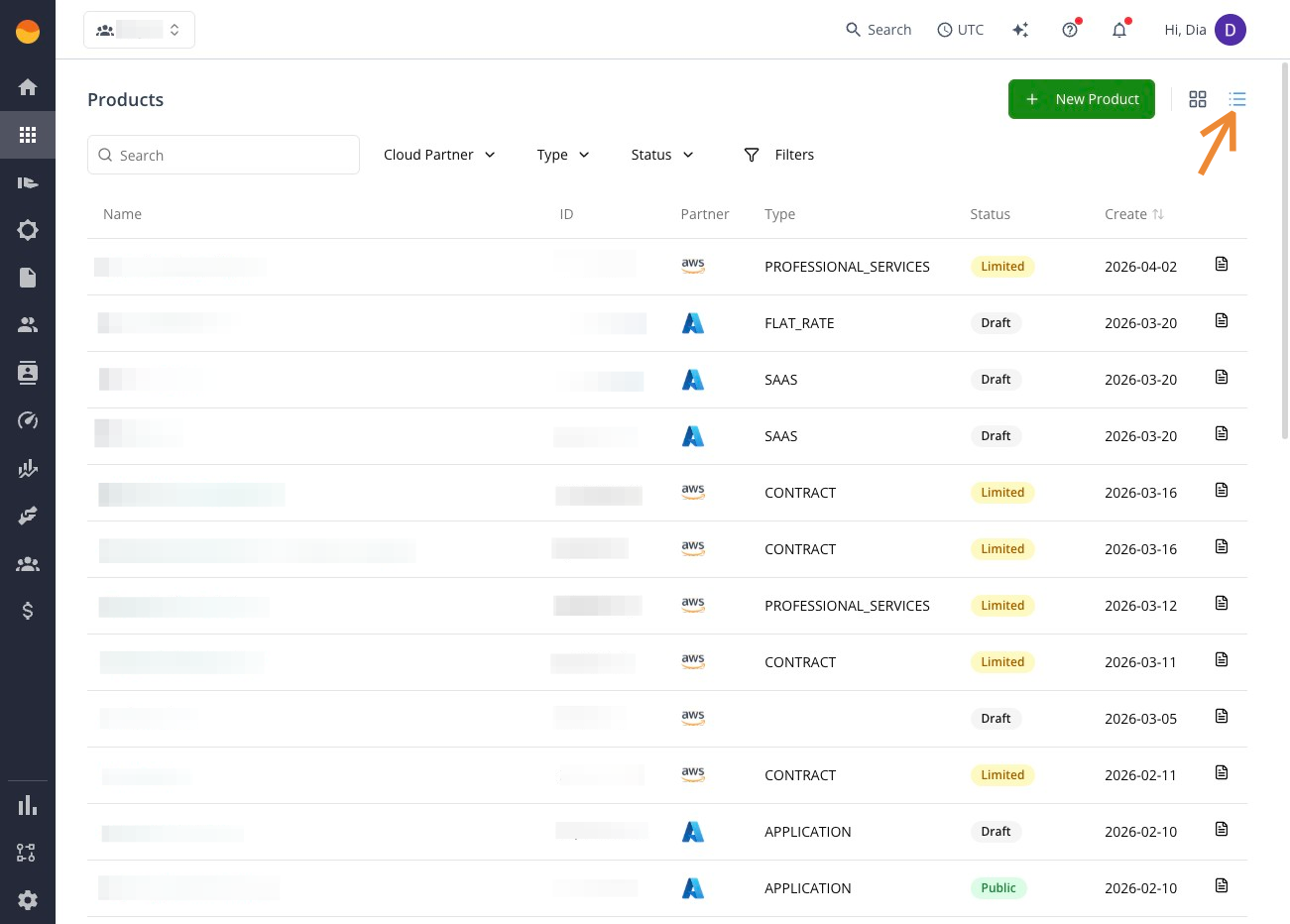 List view on the Products page in the Fours Console