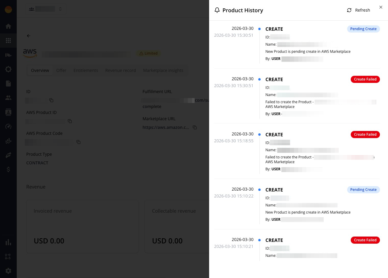 Product History panel in the Fours Console