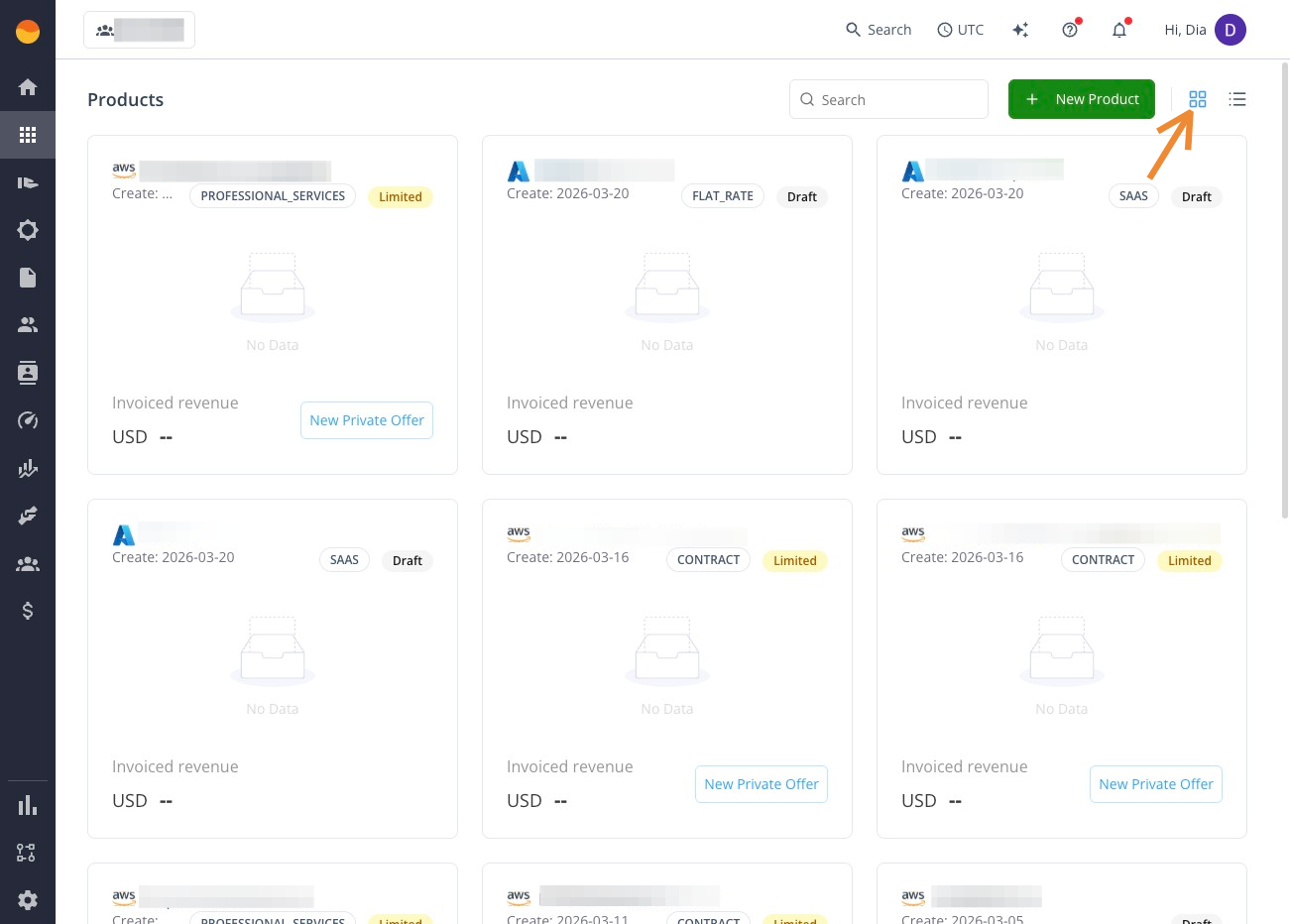 Tile view on the Products page in the Fours Console