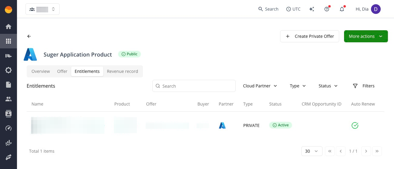 Entitlement tab on a product in the Fours Console