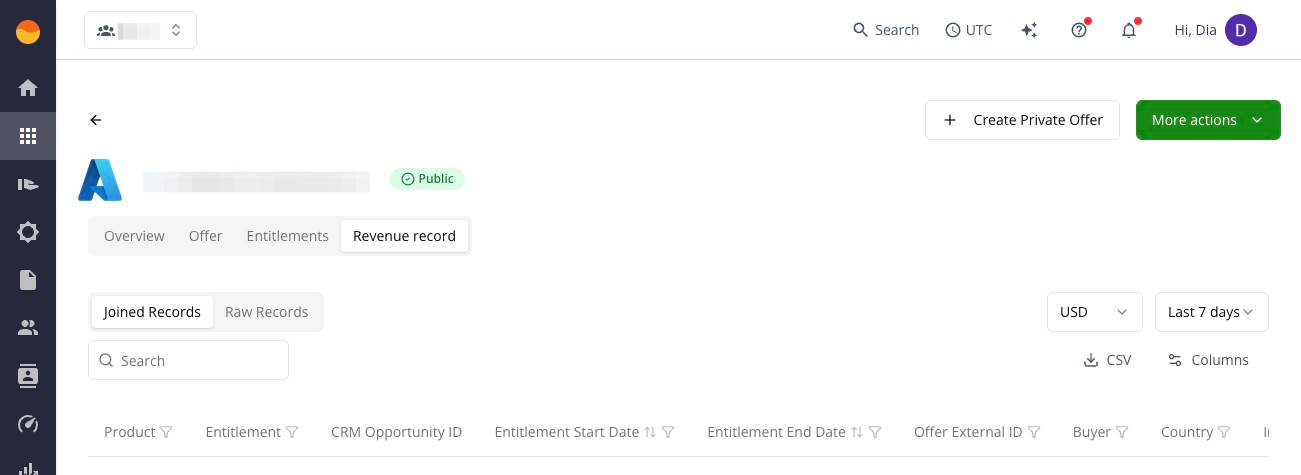 Revenue record tab on a product in the Fours Console