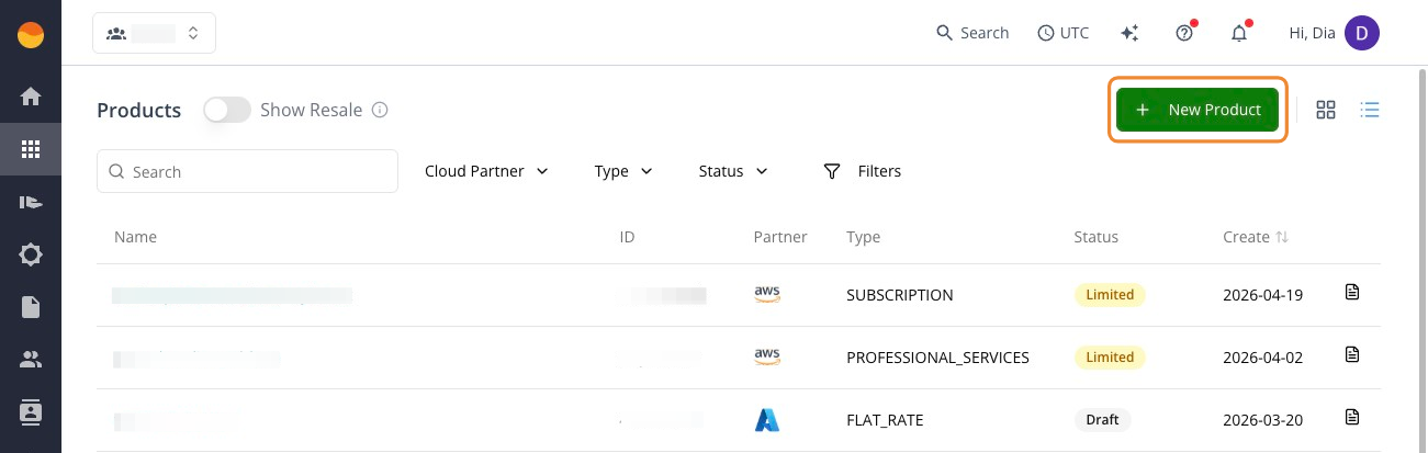 New Product button on the Products page in the Fours Console