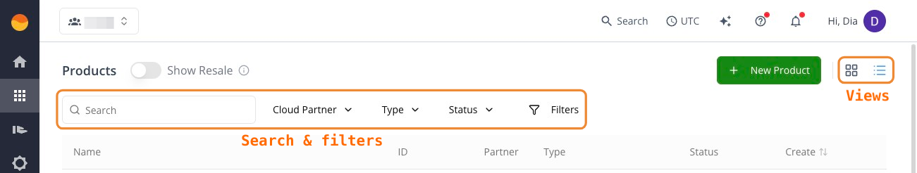 Filters and views on the Products page in the Fours Console