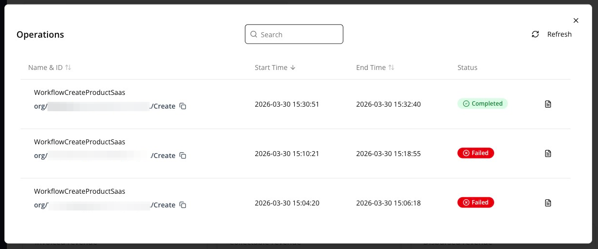 Product Operations window in the Fours Console