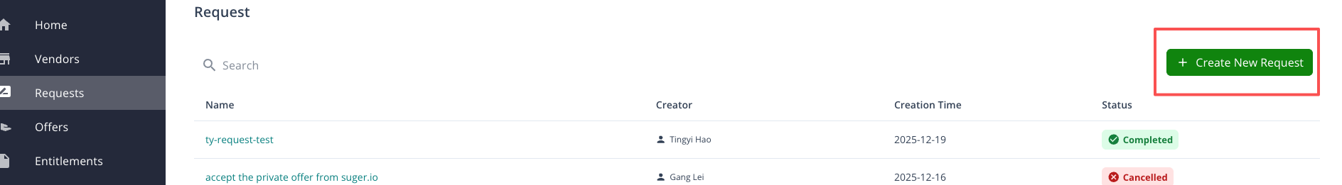 Request Create Button