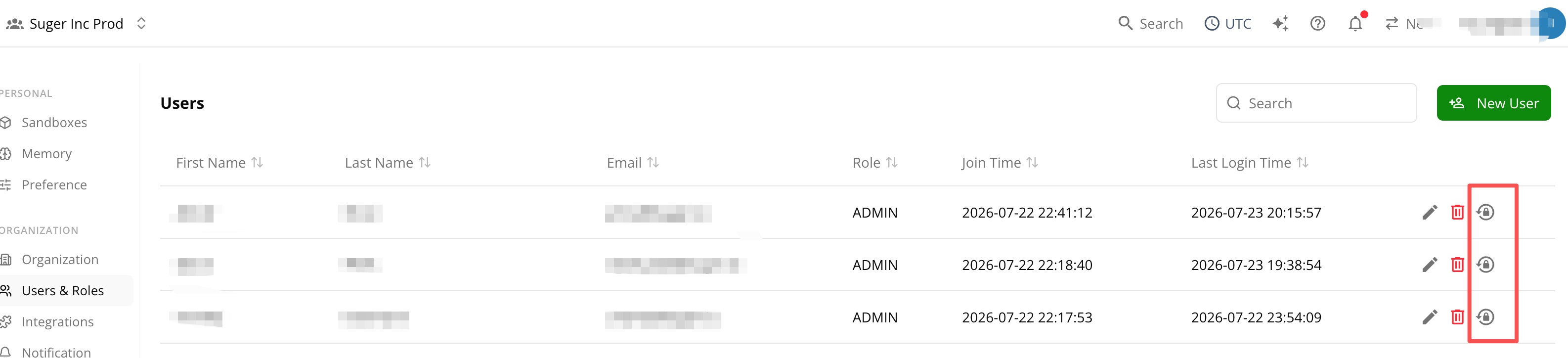 Reset MFA icon in a user row on the Users & Roles page in the Fours Console