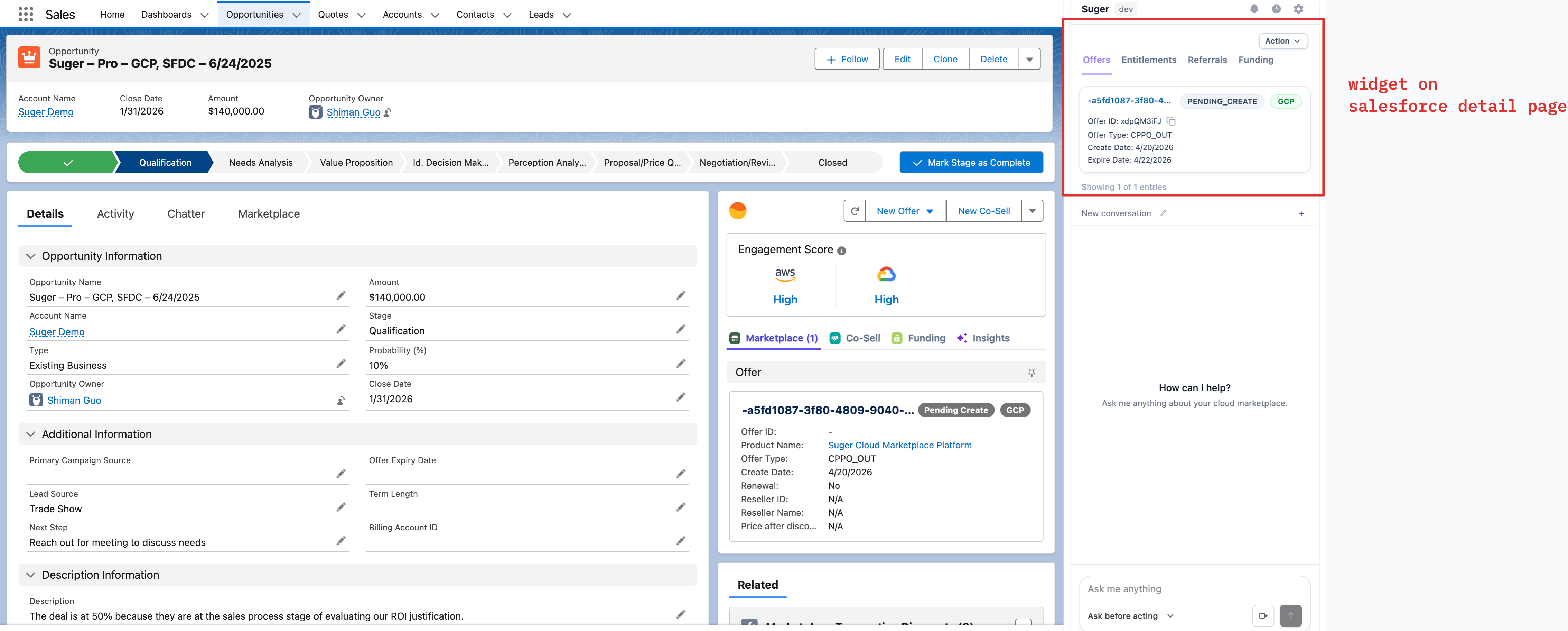Fours widget on a Salesforce opportunity
