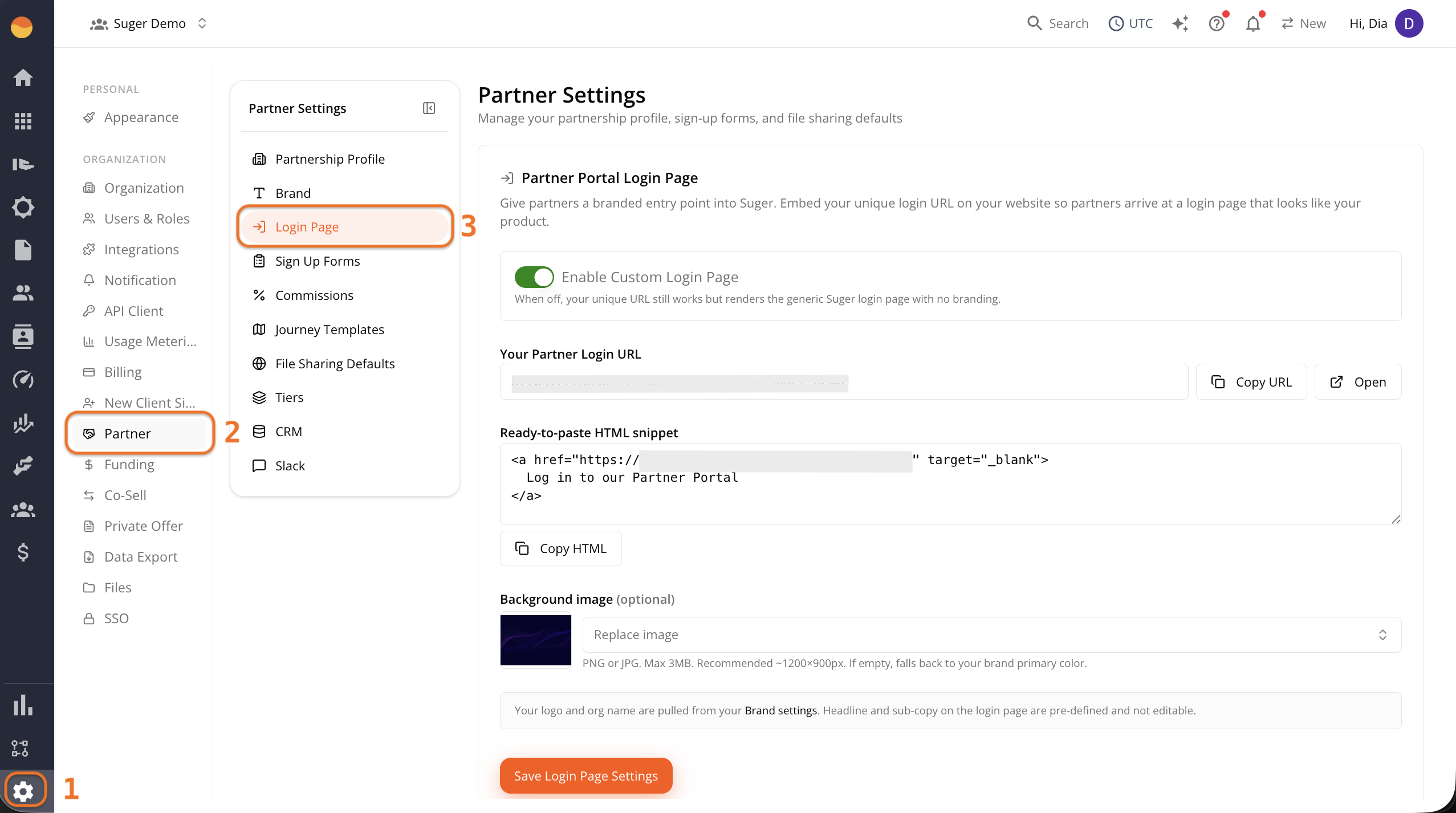 Login Page settings under Settings → Partner in the Fours Console
