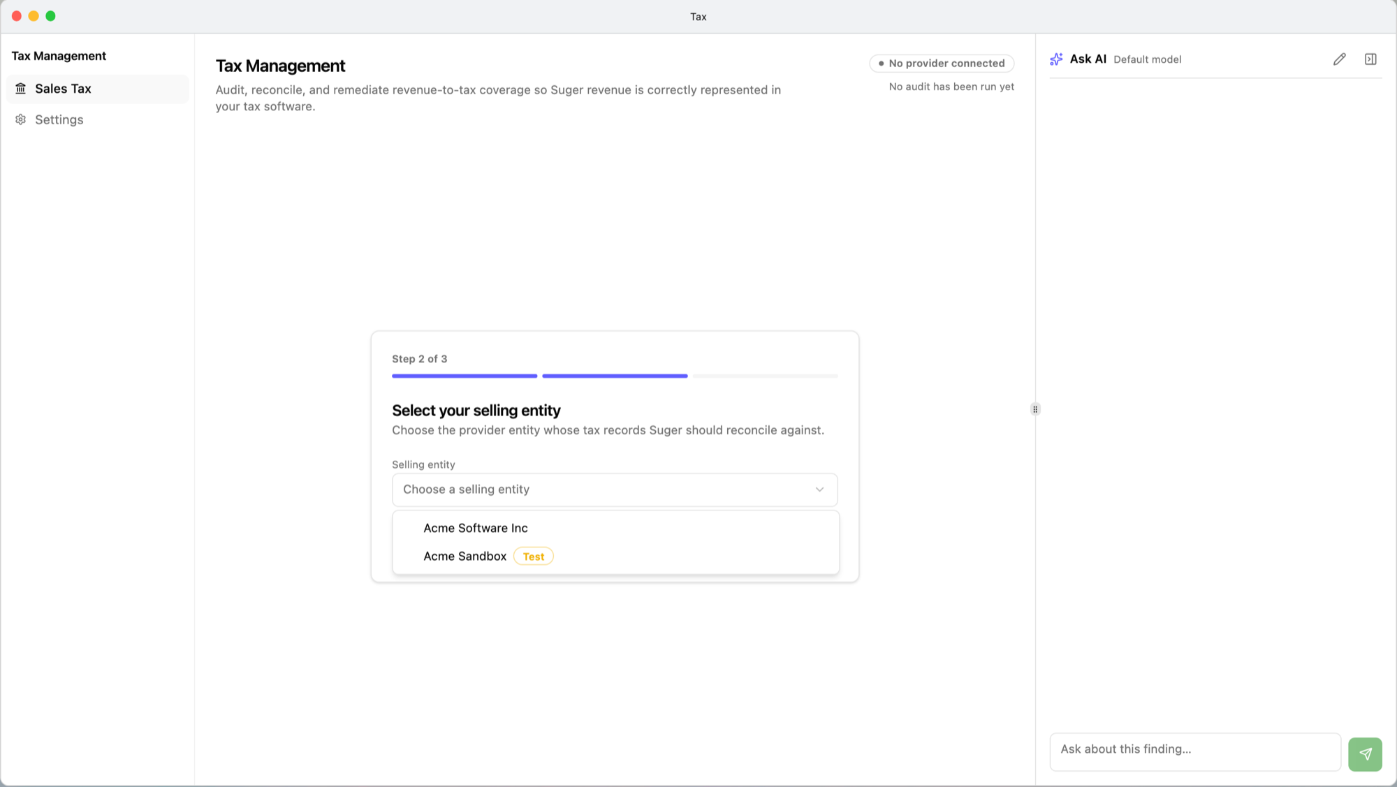 Tax setup at Step 2 of 3, Select your selling entity: the Selling entity list is open, showing Acme Software Inc and Acme Sandbox, which carries a Test badge