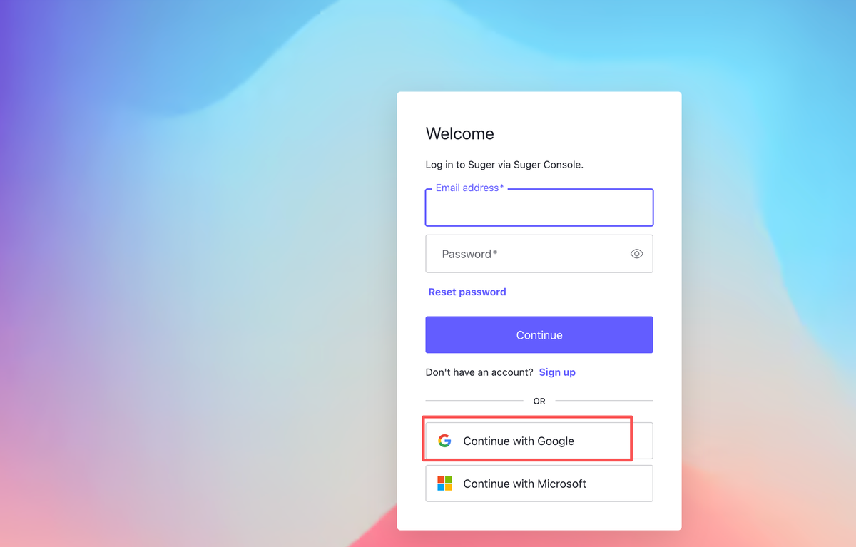 The Fours login form with email and password fields and the Continue with Google and Continue with Microsoft buttons