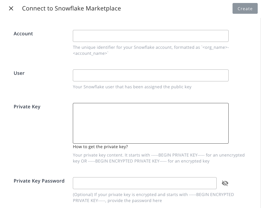 Snowflake account connection form with Account, User, and Private Key fields