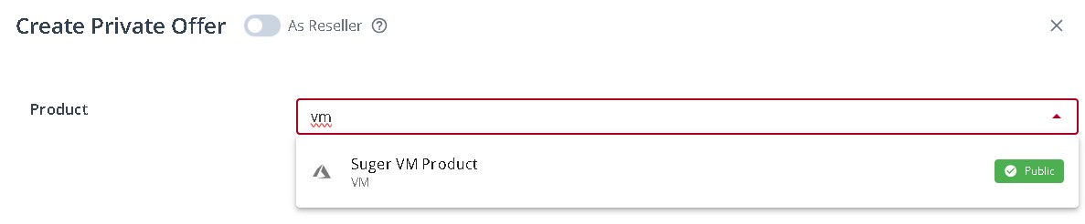 The Product field on the private-offer form with a VM (Virtual Machine) product selected, which is what loads the VM-specific pricing plans