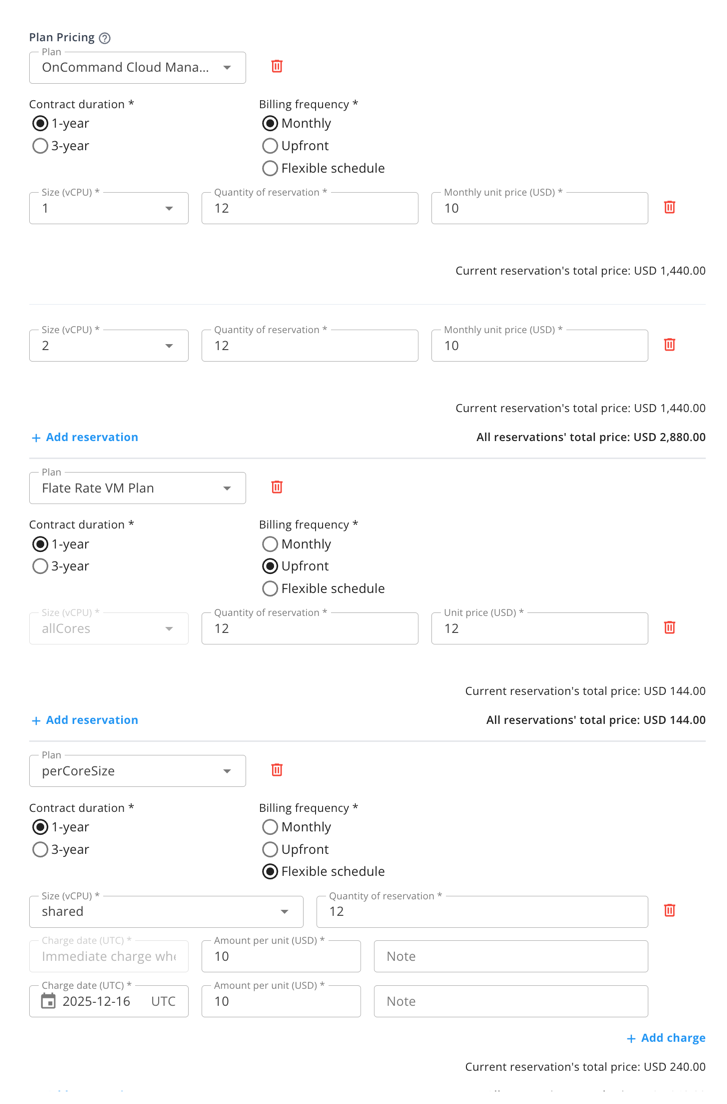 The VM plan pricing configuration in the Fours Console — the Contract Duration selector (1-year or 3-year) beside the Billing Frequency choice of Upfront, Monthly, or Flexible schedule