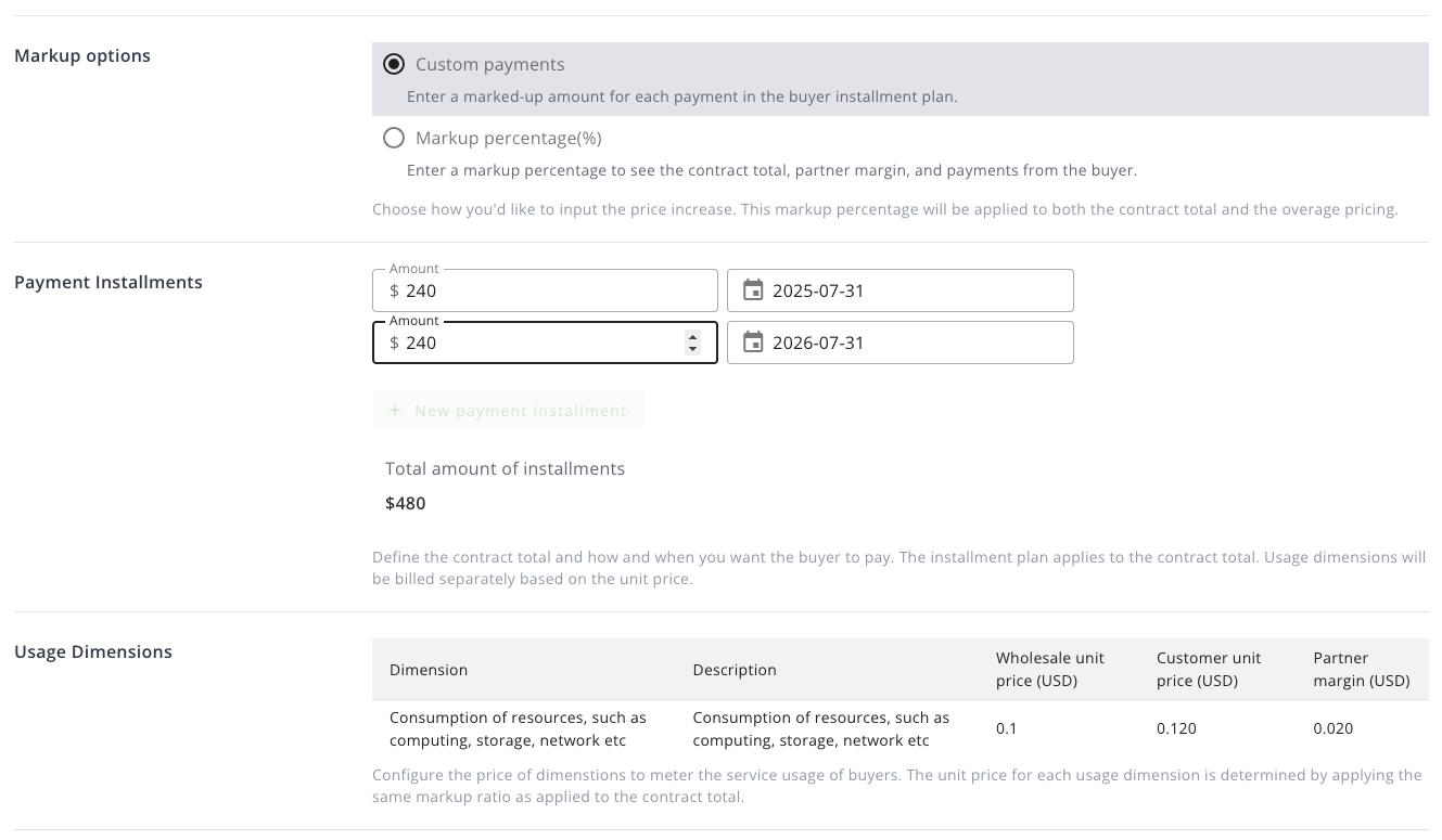 Custom payments configuration for a resale private offer